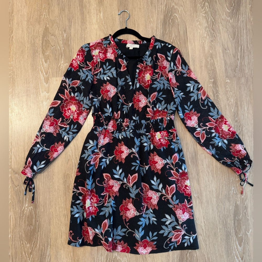 Loft Paisley Smocked Flare Dress, Black, Size 2